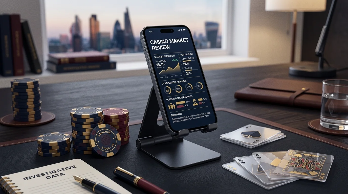 Editorial illustration of a UK-focused casino review desk with mobile and crypto themes