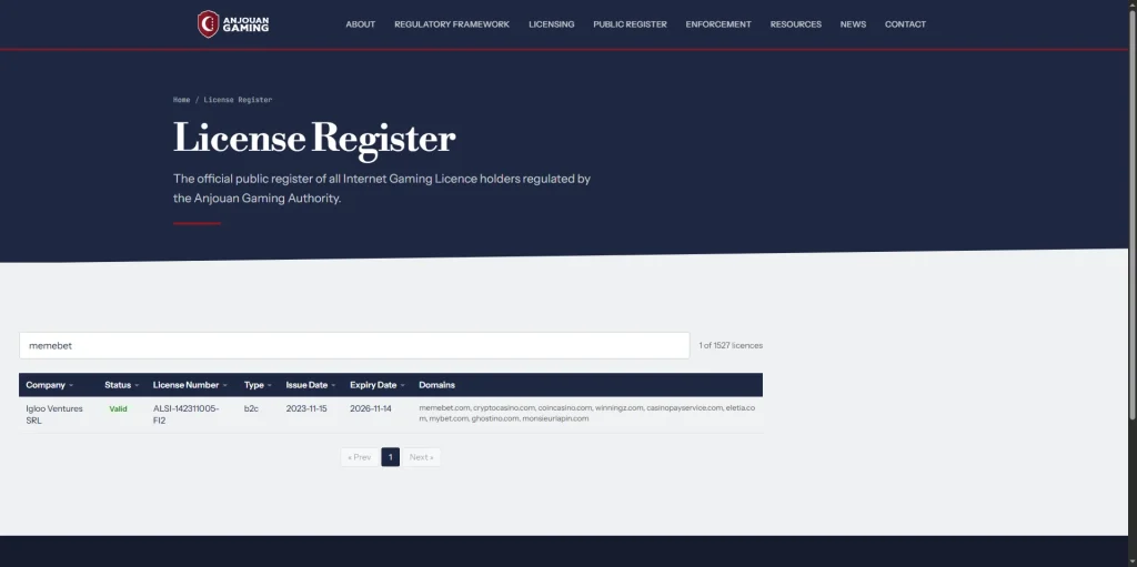 Official Anjouan Gaming Authority licence register entry for Igloo Ventures SRL and Memebet